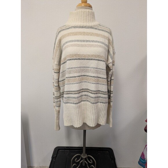 Eddie Bauer Sweaters - Eddie Bauer Beige Ivory Gray Striped Turtleneck Sweater sz M Classic Preppy